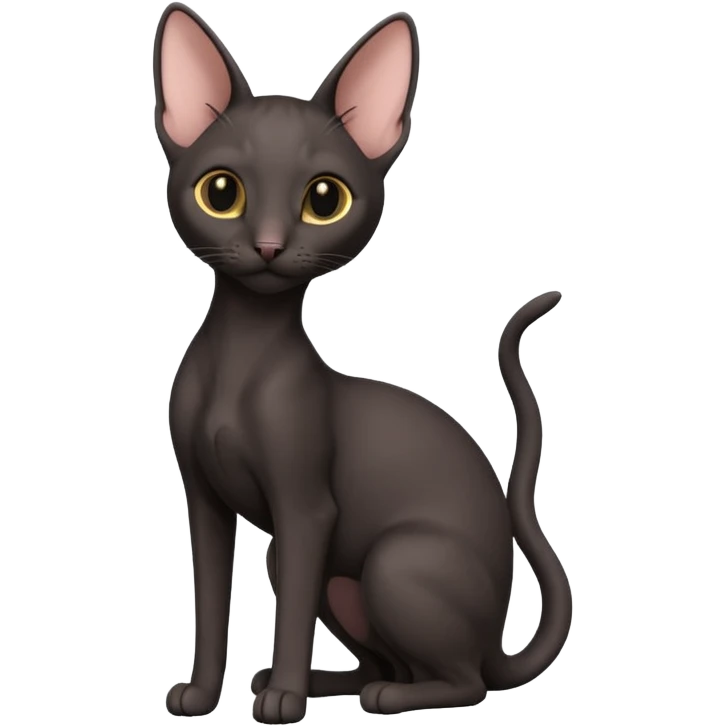 A 3D cartoon black Oriental Shorthair cat with bulky body, tall ears, Nice fur, dark cinematic background, Memoji-style. full body or half body. emoji