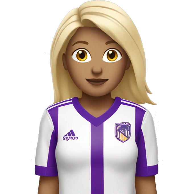 blonde woman wearing white soccer jersey with purple stripes emoji