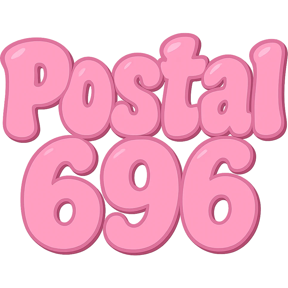 Change the font color to pink for 'Postal 696', keeping the extra puffy bubble letter style, whimsical and lighthearted, with a transparent background. Maintain the playful and bubbly appearance of the letters. emoji