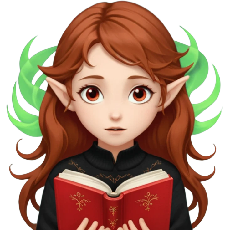 A delicate, elf-like girl with windswept chestnut hair, wearing an oversized sweater in signature black and red. She with glowing eyes, deeply absorbed in a book - "plot twist" moment. Created just now emoji