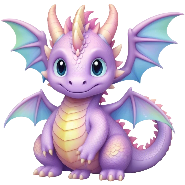 Cinematic fluffy pastel dragon, tiny round wings, chubby feet, sparkling gentle eyes, delicate glowing scales, soft colors blending magically, enchanting and whimsical. emoji