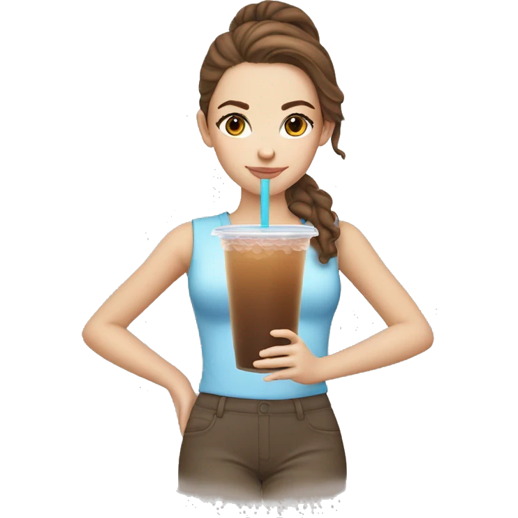 White girl with brown hair and brown eyes drinking bubble tea emoji