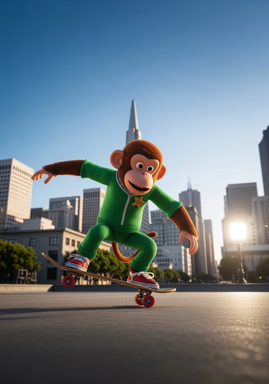 Disney style Cinematic still scane, Low angle shot, monkey dress in green outfit, monkey ride on skateboard, san francisno downtown with city lanscape, blue clean sky, captured by ARRI Alexa XT, soft cinematic lightning, back light, inspired by ToyStory 4 emoji