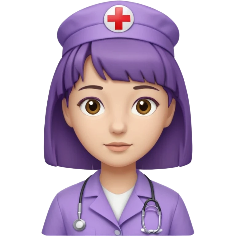 A young female slim nurse with short brown hair with fringe over her forehead, wearing larvendar purple working cloth emoji