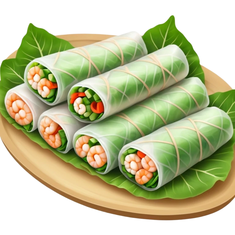 cinematic-realistic-vietnamese-summer-rolls-dish-emoji,-depicted-with-delicate-rice-paper-wraps-filled-with-fresh-vegetables-and-shrimp-rendered-with-crisp-textures-and-refreshing-lighting. emoji