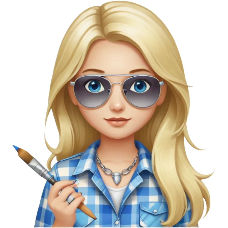 girl with long blond hair, wearing plaid shirt with blue eyes and aviator sunglasses wearing a ring on her silver necklace, holding a paint brush emoji