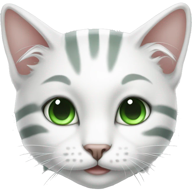 A cute white cat with gray stripes with green eyes, c emoji