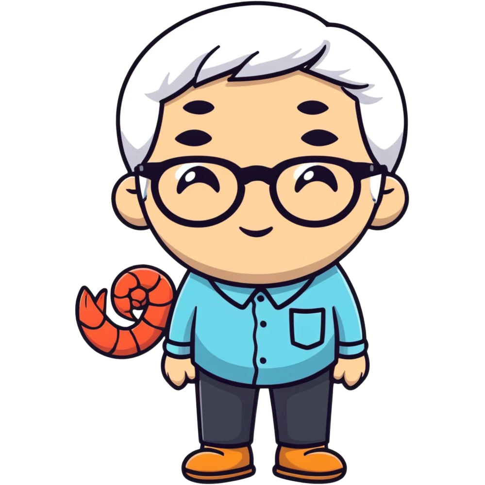 a little shrimp that is old with white hair and glasses, elderly shrimp character with white eyebrows and hair, wearing round glasses emoji