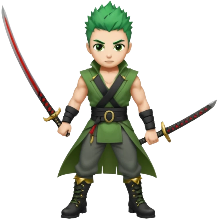 Muscular scarred warrior, short spiky moss-green hair, sharp steel-grey eyes, strong jaw, serious stare. Black trousers, boots, green sash with three katanas, open white coat, three gold earrings. Cinematic, ultra-realistic. (Roronoa Zoro) emoji