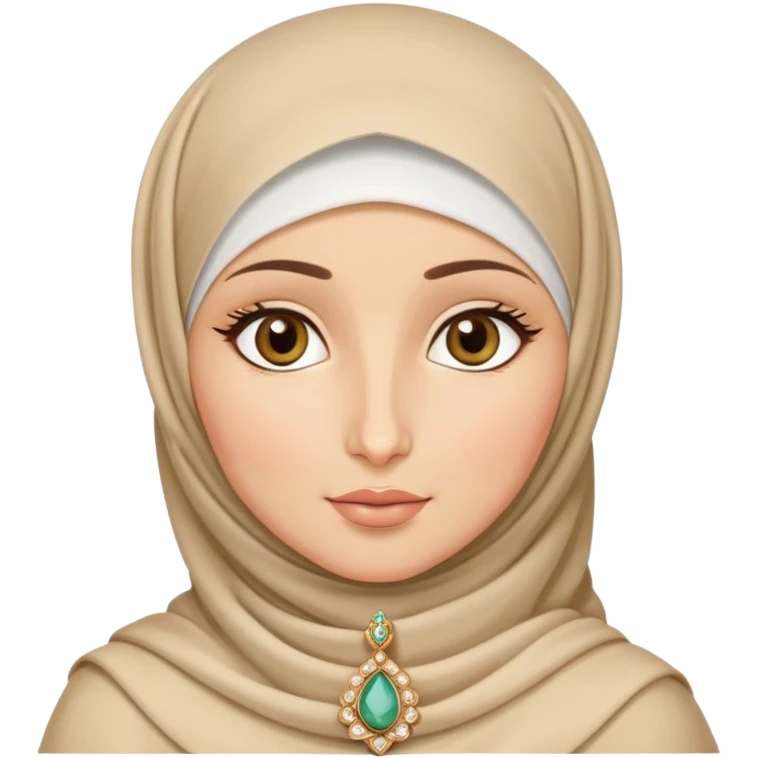 Hijabi, very light fair skin, arab nose, doll like face, almond shaped hazel eyes. Jewelry. emoji