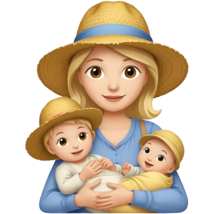 A cheerful mom in a straw hat carrying a baby emoji