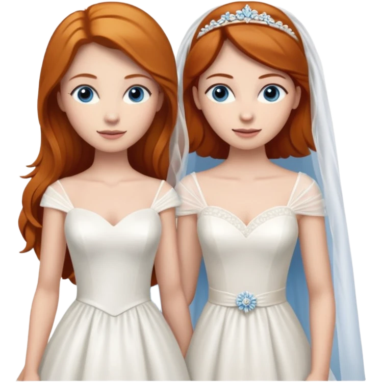A ginger woman with blue eyes, marrying a taller woman with brown hair and hazel eyes, both in wedding dresses. emoji