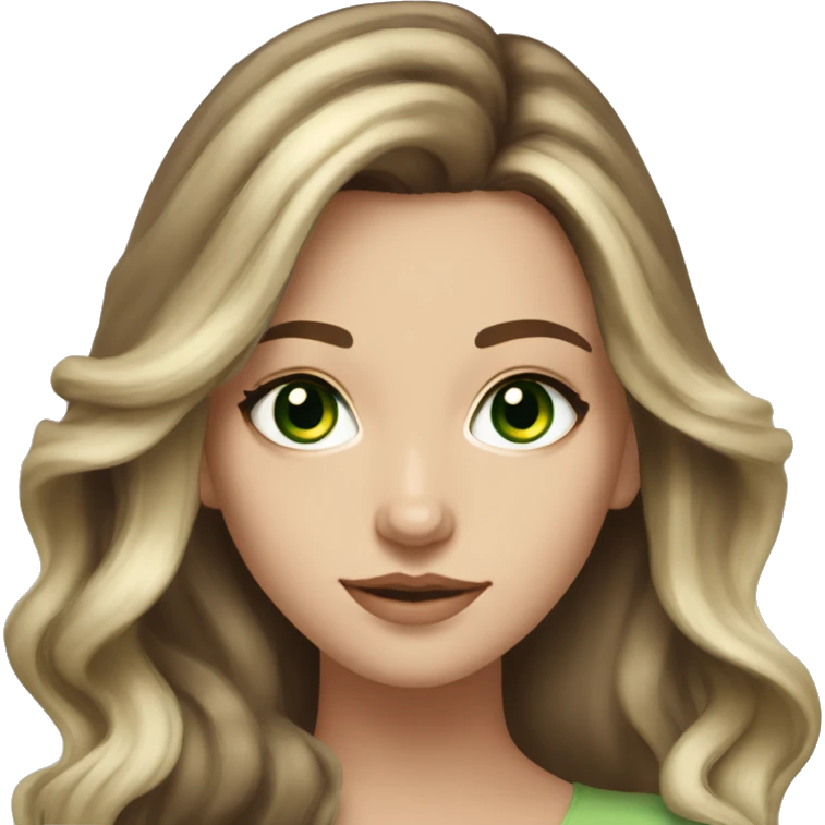White girl with green eyes with long voluminous brown hair with blonde highlights balayage emoji