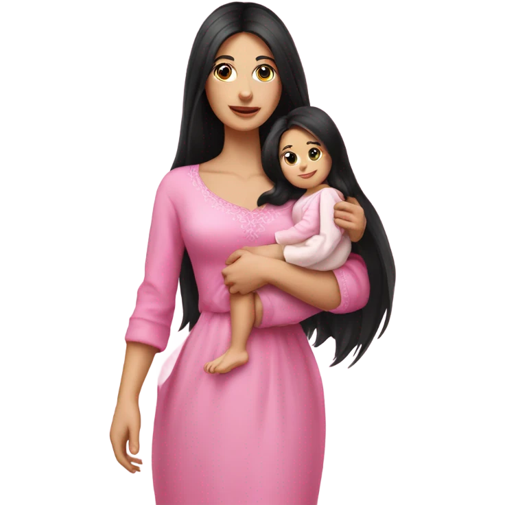 Beautiful Russian lady with very long black hair pink clothes holding baby  emoji