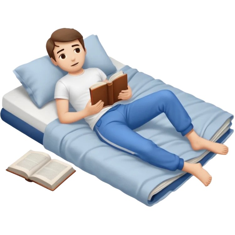 bed with a wrinkled blanket, the pillow out of place on the floor. t-shirt, pants, and an open book on the floor. emoji