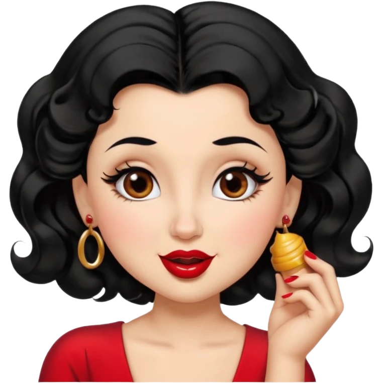 Betty Boop: round face, honey-toned skin, expressive eyes, full eyelashes, arched eyebrows, tiny upturned nose, pouty puckered lips, matching lipstick, flawless makeup, black long wavy hair that elegant frame her face in a high side ponytail, nails, laughing  emoji