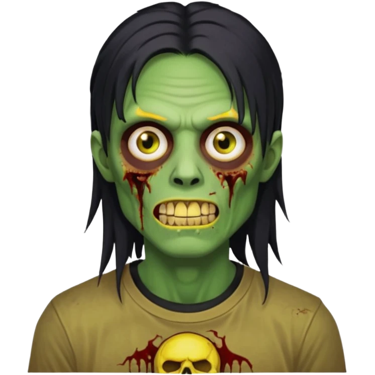 I want you to give me a zombie man and his skin its green who has golden teeth, yellow eyes, eyebrows and black hair, the hair I want to be a long modcut cut and is wearing a brown affliction T-shirt and thin circular lenses emoji