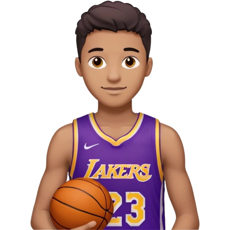 generate an ios genmoji of a handsome dark 20 year old in a purple lakers basketball jersey, basketball in hand, smirking emoji