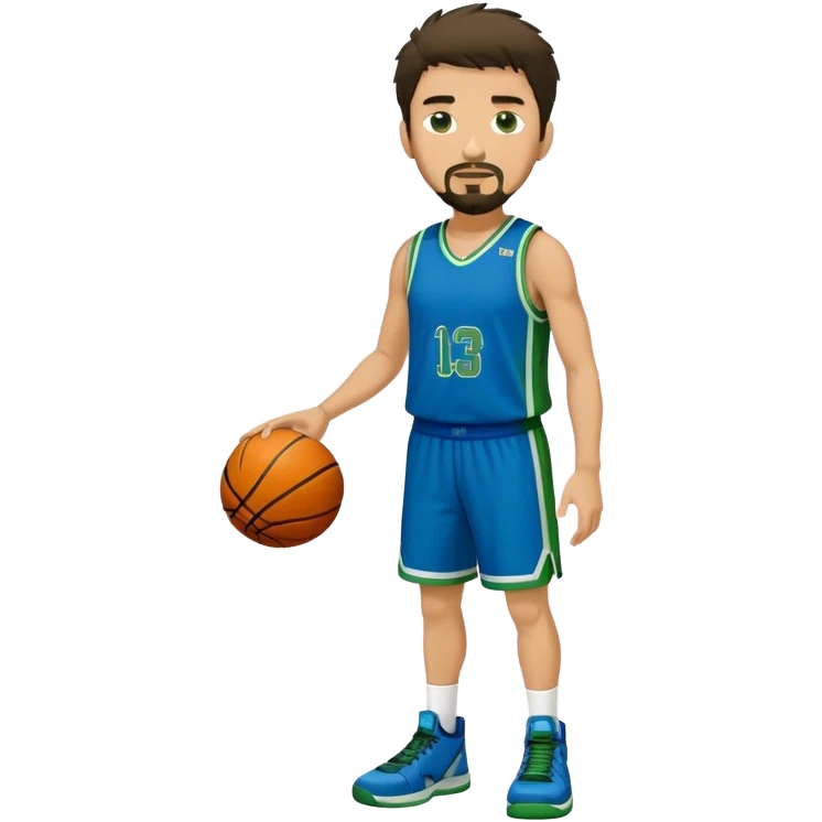 Full Body white male basketball player with short dark shaggy hair and goatee wearing blue and green uniform emoji