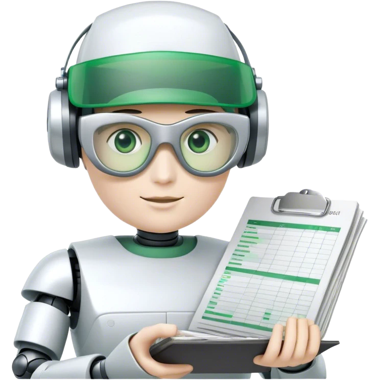 human like robot bookkeeper wearing Green eyeshades visor used by accountants and holding spreadsheets emoji