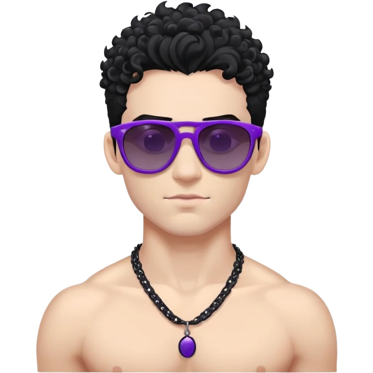 shirtless male athlete with white skin and moderately curly black hair on top with shaved sides, wearing purple sunglasses with very dark heavily tinted black lenses, and a simple plain black chain necklace with absolutely no pendant or decoration emoji