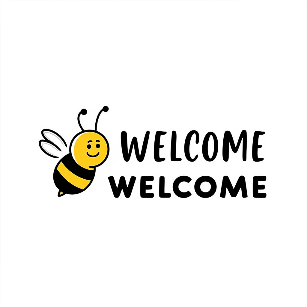 Welcome tag with a happy bee, black and yellow stripes, 'WELCOME' text emoji
