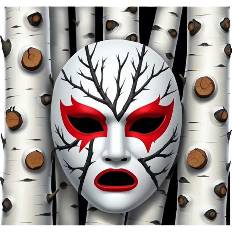 birch tree mask in expressing anger, white, black and red palette, the texture has black marks emoji