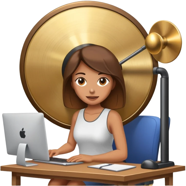 Woman in her work-from-home office on her computer with a huge gong in her office  emoji