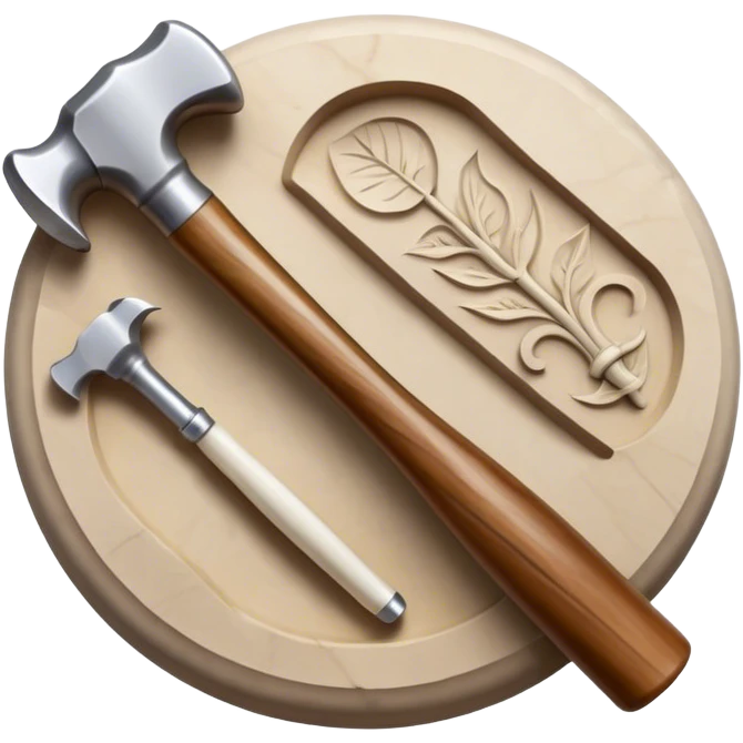 Carving icon, stone, bone, and horn with detailed patterns, carving tools like chisel, awl and hammer, minimalistic style, clean lines, transparent background. emoji