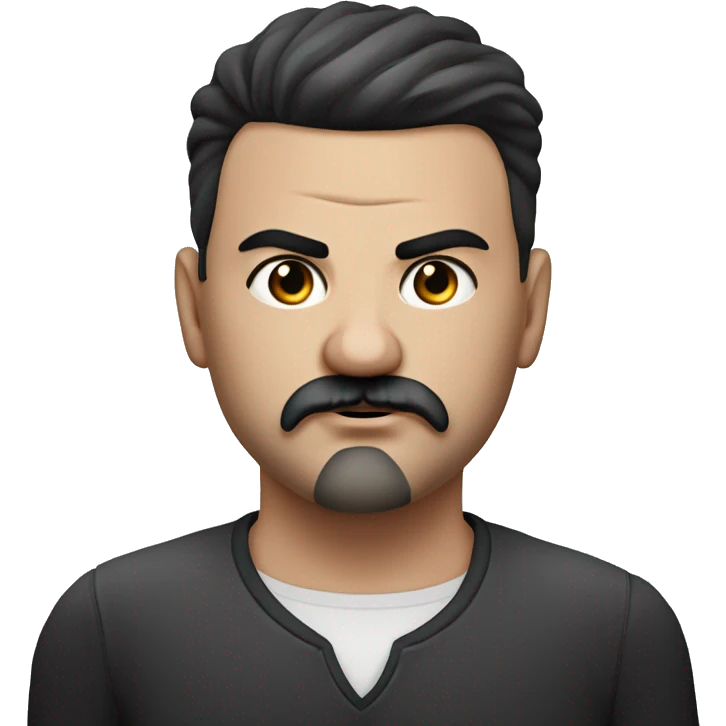 Photorealism A plump serious man of Slavic appearance with litle eyes with a black goatee beard and black mustache, with a black short haircut, big detailed face, wrinkled face emoji