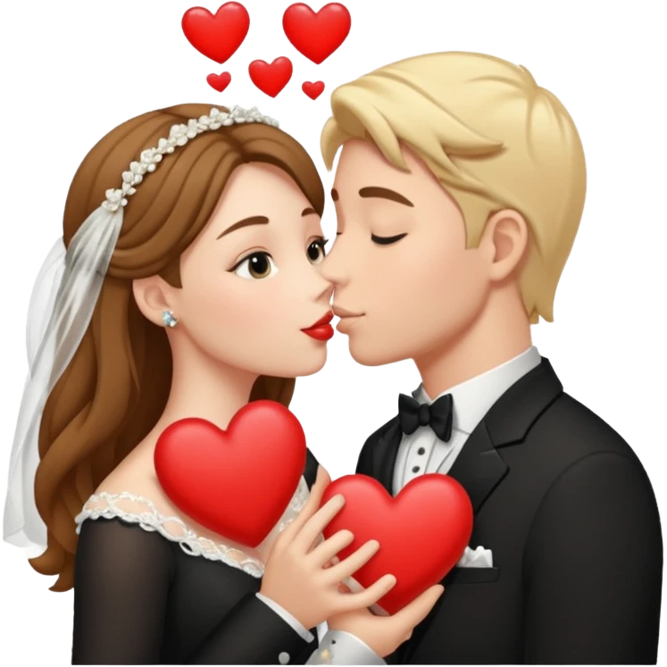 Девушка целуется с мужчиной. Они в свадебных нарядах. На фоне сердечки и кольца  emoji