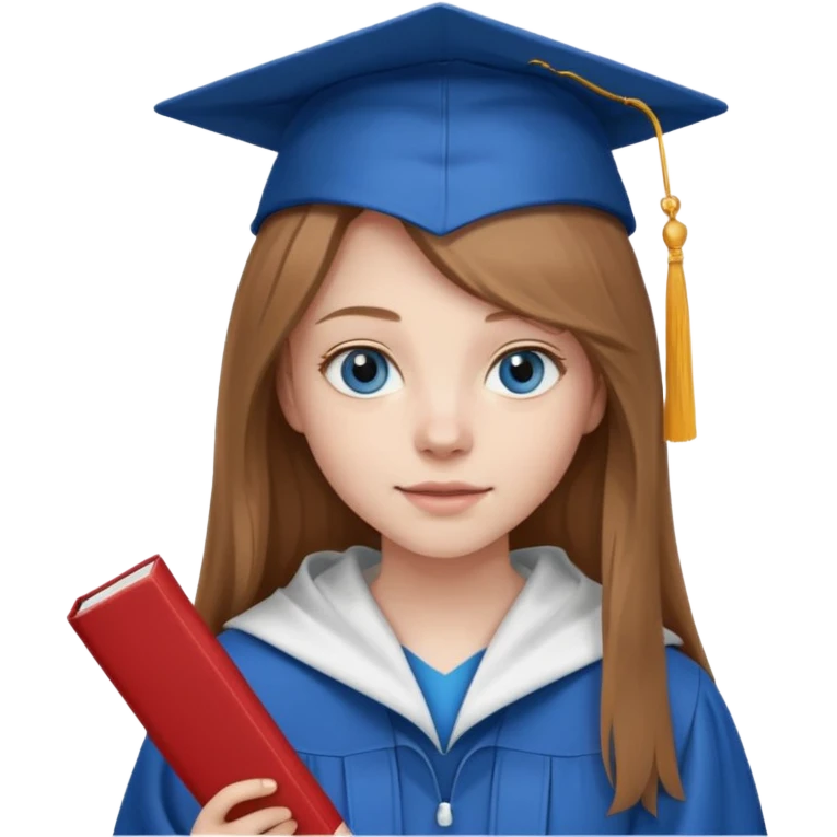 light brown haired girl with long hair, blue eyes, pale skin, wearing graduation regalia with white hood, holding diploma emoji