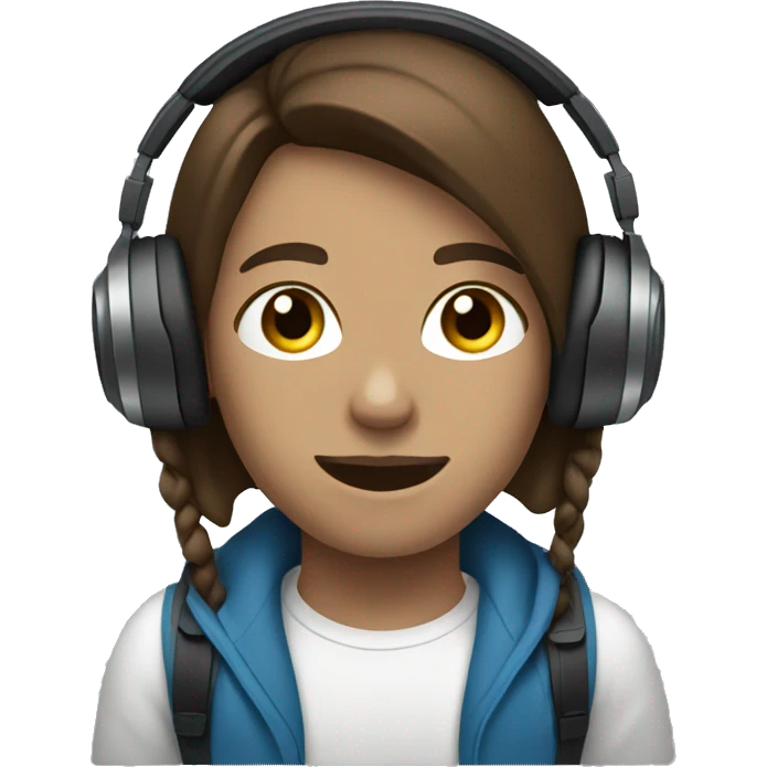 Listening to music on headphones, brown hair blue eyes emoji
