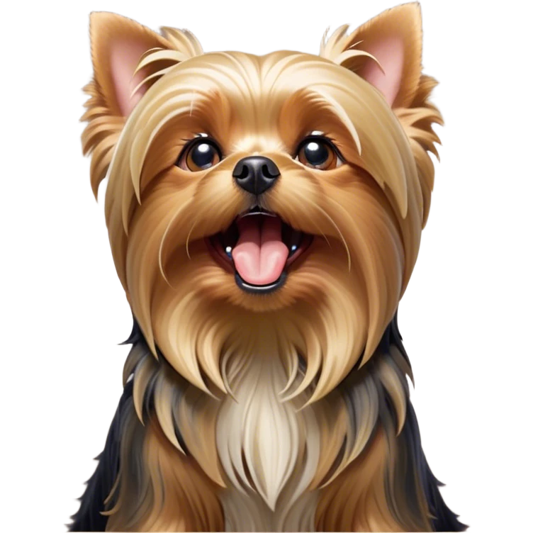 Cinematic Cute Yawning Yorkshire Terrier Portrait Emoji, Head tilted with a playful, drowsy expression and droopy, adorable eyes, featuring a soft, well-groomed fur in rich hues, simplified yet irresistibly endearing, highly detailed, glowing with a warm, cozy radiance, high shine, exuding a relaxed yet spunky charm, styled with a gentle, soft glowing outline, capturing the essence of a Yorkshire Terrier mid-yawn that seems as if it could cuddle right off the screen! emoji
