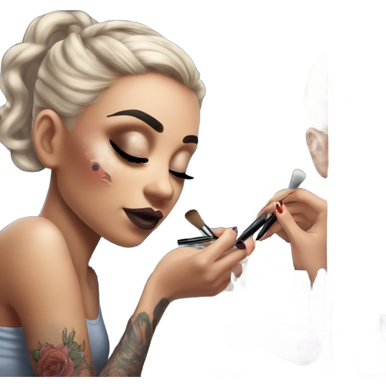 Hyper Realistic Beautiful tattooed woman applying her makeup in a mirror with lights on emoji