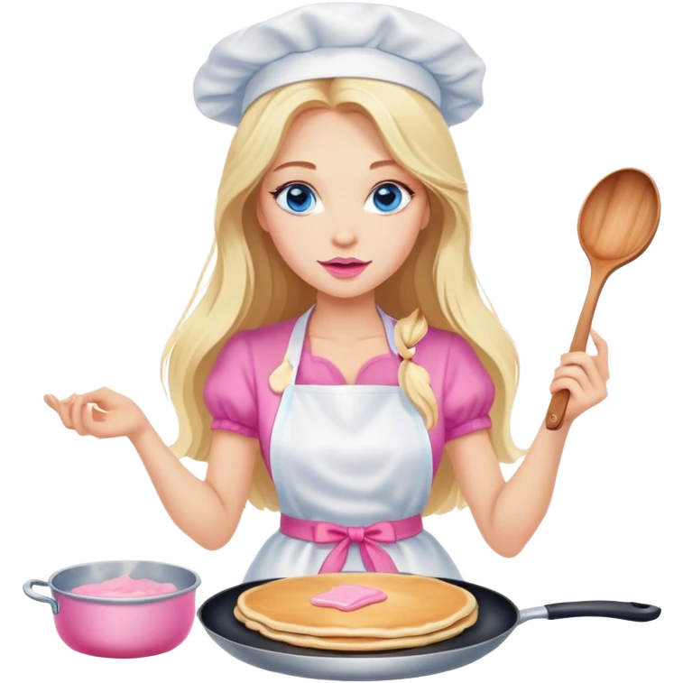 Cinematic realistic beautiful blonde with long hair, blue eyes and pink lips in a white dress cooks pancakes emoji