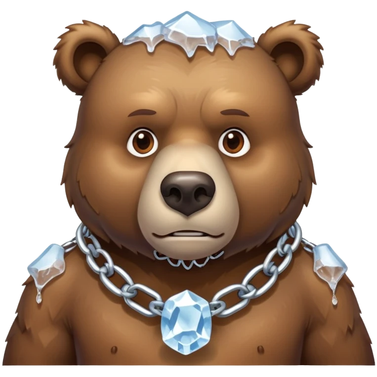 Serious realistic brown bear on all four legs wearing a thick chain made of ice around its neck, frozen chain links, stern expression emoji