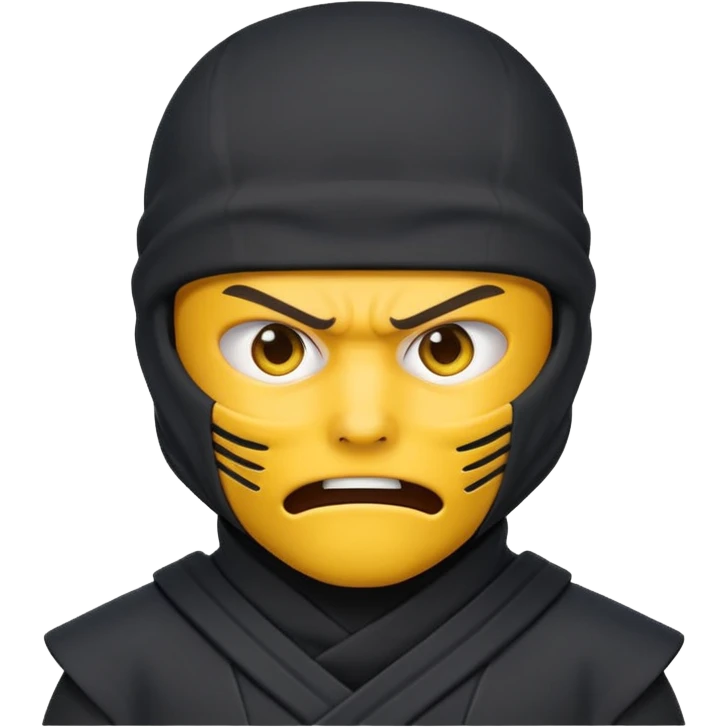 angry ninja face emoji, classic yellow emoji face, mouth fully covered by dark gray ninja uniform, only eyes visible emoji