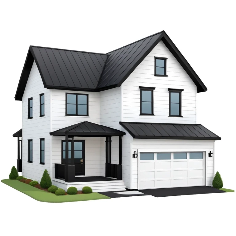 modern farmhouse with white siding, black roof and black trim, exterior view, 3d emoji
