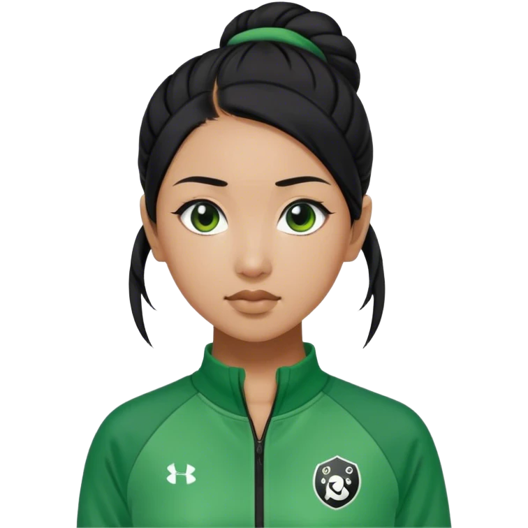 Cha: Age Late 40s
a Asian woman with black hair tie, Green player tracksuit emoji