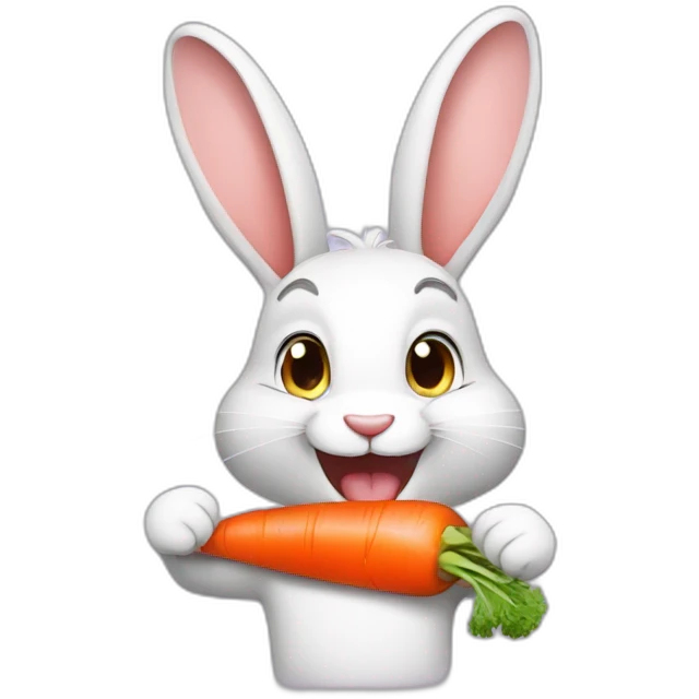 A happy rabbit wearing a t-shirt eats a carrot emoji
