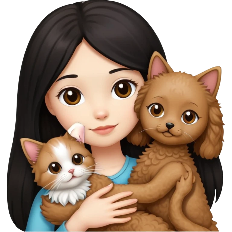 女仔黑色直長頭髮，抱住一隻啡色小型貴賓犬， 同埋一隻長毛布偶貓 emoji