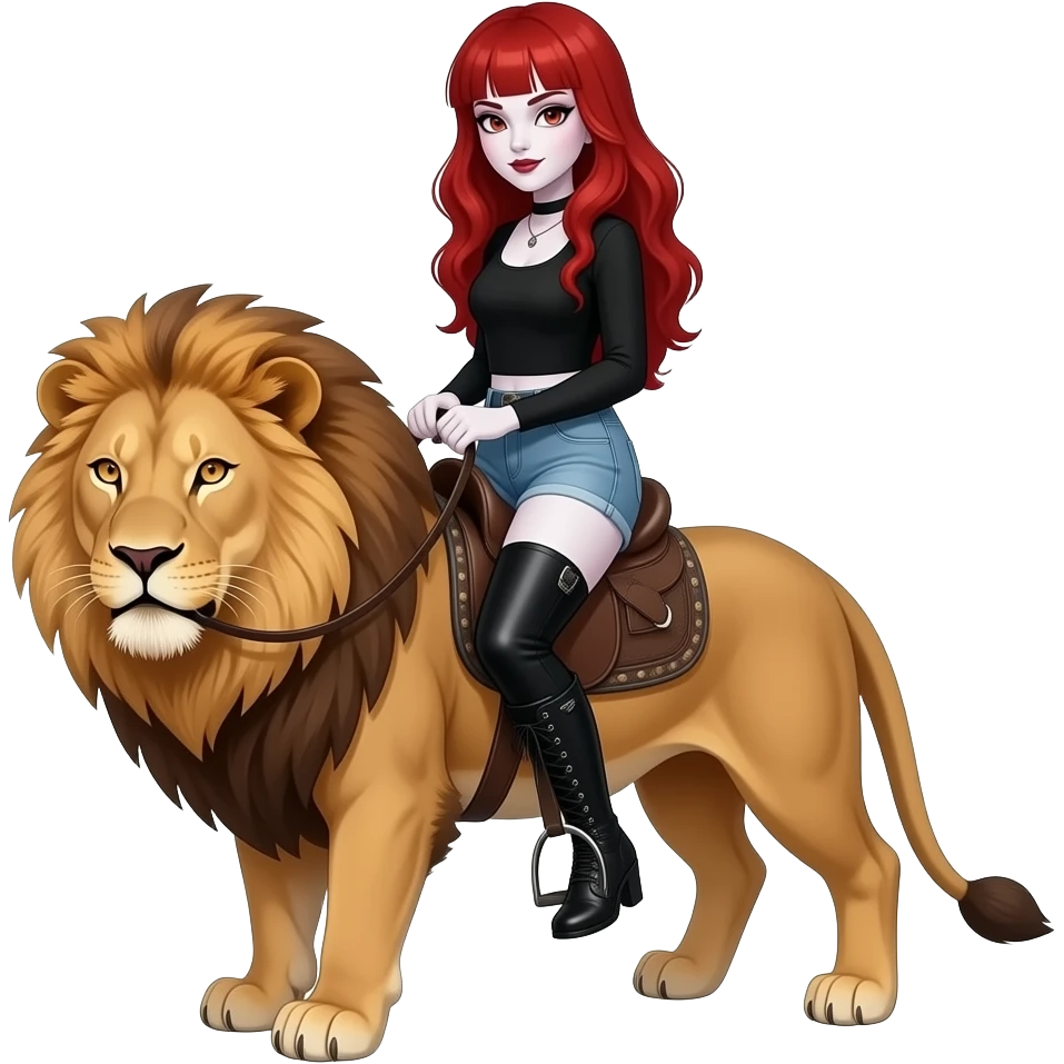 Vampiro femmina con pelle bianca capelli lunghi  rossi ondulati e la frangetta che indossa jeans chiari corti , un top nero con maniche lunghe e anfibi lunghi fino alle ginocchia che sta cavalcando una leonessa emoji