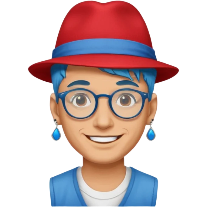 unique looking tourist with big unique red tourist fedora and earrings, man with lots of tattoes and spectacles, blue hair showing emoji