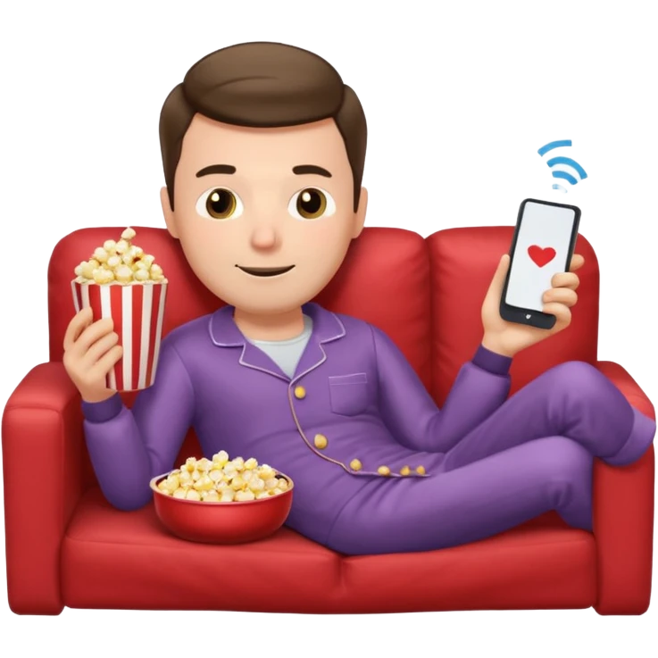 male memoji, lazy man in pajamas, lying on couch, holding TV remote, relaxed face, casual home vibe, popcorn bucket emoji