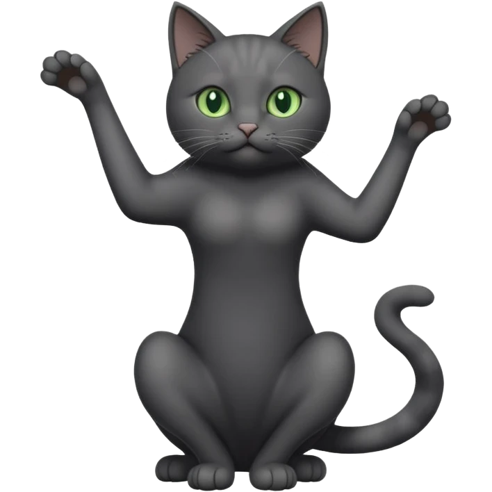 full body gorgeous solid dark grey cat with green eyes, white paws and white whiskers stretching emoji