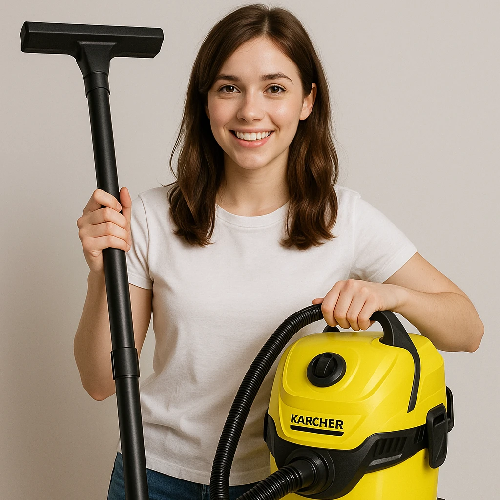 white girl with brown hair holding a Karcher vacuum cleaner, style 3 emoji