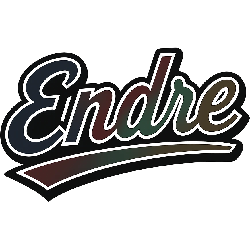 Endre name in masculine, modern gradient font with dark contour, prominent and clearly visible white outline around the letters as in the sample, dynamic slanted underline, masculine color shades (blue, gray, burgundy, green, brown), 1000x1000 px, PNG, transparent background, in the style of the uploaded Attila sample. emoji