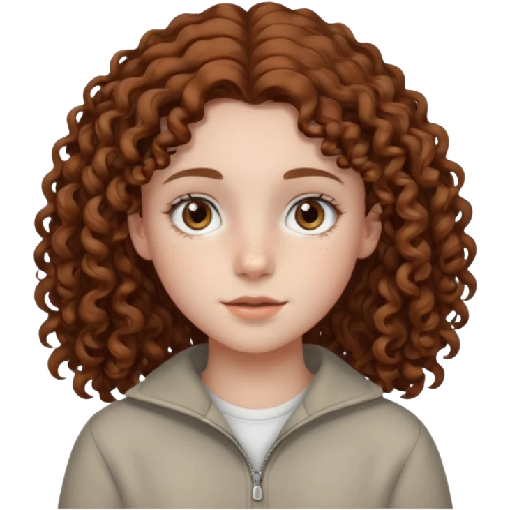pale teen girl with light grey eyes and brown freckles that has curly hair in a middle part emoji