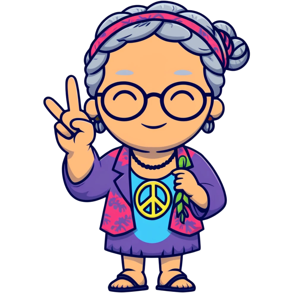 hippie grandma with round glasses, peace sign, tie-dye shirt, grey hair in braids emoji